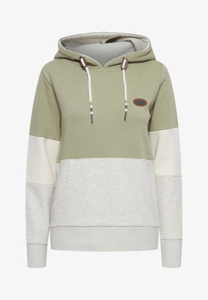 Hooded sweatshirt in light green, cream, and grey color blocking. Features drawstrings, kangaroo pocket, and logo patch. Soft cotton blend fabric.