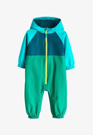 Combineu impermeabil pentru copii mici, cu glugă, blocuri de culoare teal și verde, manșete elastice și fermoar frontal galben.