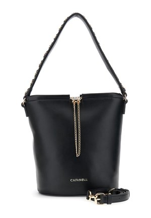 Sort spandformet håndtaske med guldkæde-detalje, aftagelig skulderrem og "CAFèNOIR"-logo på fronten.