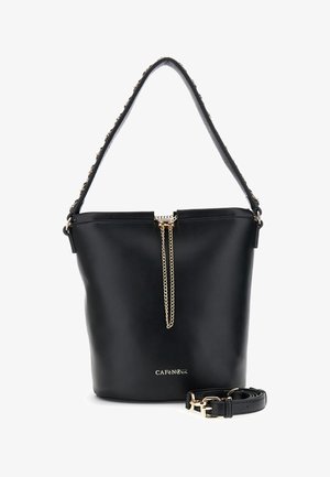 Sort spandformet håndtaske med guldkæde-detalje, aftagelig skulderrem og "CAFèNOIR"-logo på fronten.