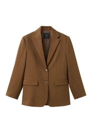 Brown tailored blazer with notch lapels, two front buttons, flap pockets, and long sleeves, displayed on a white background.