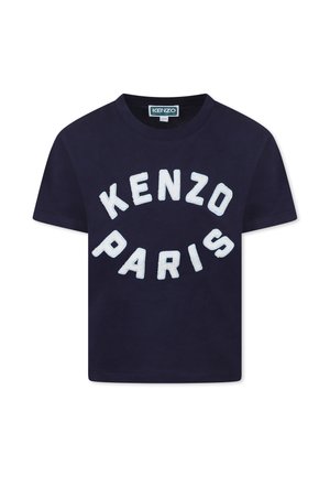 Marineblauwe katoenen t-shirt met witte, pluche "KENZO PARIS" lettering in een gebogen ontwerp. Ronde halslijn met korte mouwen.