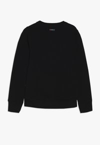 Černá mikina s kulatým výstřihem a dlouhými rukávy, s žebrovanými manžetami a lemem. Na zadní straně poblíž výstřihu se nachází malá značková etiketa.