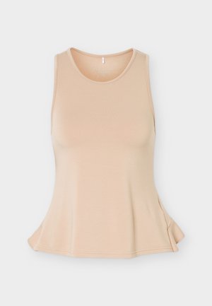 Débardeur de sport beige sans manches avec encolure ronde et ourlet légèrement évasé, présenté sur fond blanc.