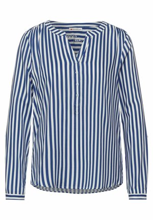 Langärmeliges Blusenshirt mit vertikalen blau-weißen Streifen, rundem Ausschnitt mit kleinem V-Schlitz und drei weißen Knöpfen auf der vorderen Blende.