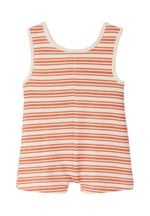 Sleeveless baby romper with orange and cream horizontal stripes, featuring a round neckline and short legs.