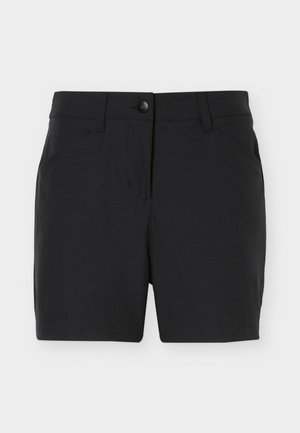 Shorts décontractés noirs avec passants de ceinture, bouton devant, fermeture éclair et poches latérales, présentés sur un fond uni.