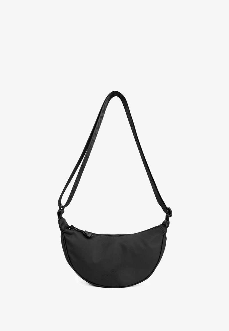 Schwarze, halbmondförmige Umhängetasche mit verstellbarem Riemen und Reißverschluss, aus glattem Stoff gefertigt.