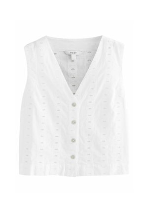 White sleeveless blouse with a V-neckline, featuring button closure and embroidered detailing with circular patterns across the fabric.