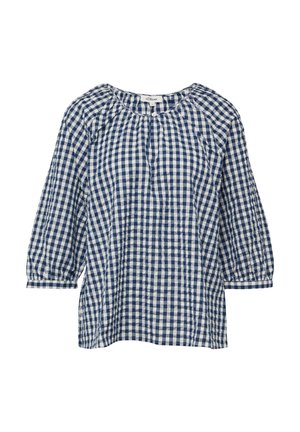 Niebiesko-biała bluzka w kratkę z rękawami do łokcia, marszczonym dekoltem i małym guzikiem na środku przodu.