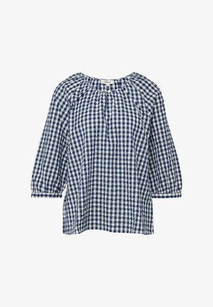 Niebiesko-biała bluzka w kratkę z rękawami do łokcia, marszczonym dekoltem i małym guzikiem na środku przodu.