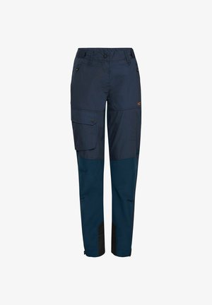 Navy cargo pants with a darker blue lower half, featuring side pockets, a zip pocket, and black accents at the hem. Lightweight fabric.