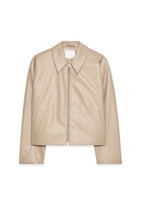 Beige kort jacka i strukturerad imitationläder, med en stor krage, dragkedja fram och två sidofickor.