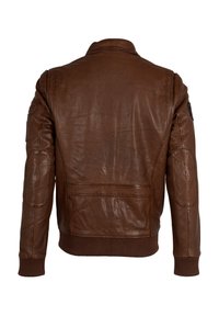 Braune Lederjacke, glatte Textur, gerippte Bündchen und Saum, Rückentasche und Schulteraufsätze. Klassisches Kragen-Design, figurbetonte Form.