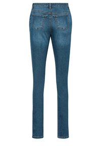 Cienkie dżinsy w ciemnoniebieskim denimu o gładkiej strukturze, z średnim stanem, dwoma tylnymi kieszeniami i subtelnymi detalami przeszyć.