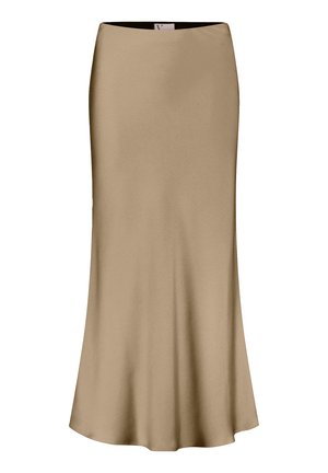 Beige Satin-Maxi-Rock mit glatter Textur, ausgestellter Silhouette und breitem Bund. Mit einem Saum, der sanft bis zum Boden fällt.
