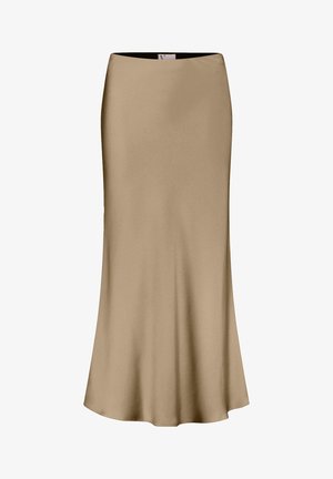 Beige Satin-Maxi-Rock mit glatter Textur, ausgestellter Silhouette und breitem Bund. Mit einem Saum, der sanft bis zum Boden fällt.