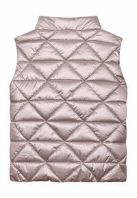 Wattierte Weste in Hellrosa mit Diamantsteppdesign, hohem Kragen und glatter, glänzender Textur. Ohne Ärmel, Rückansicht angezeigt.