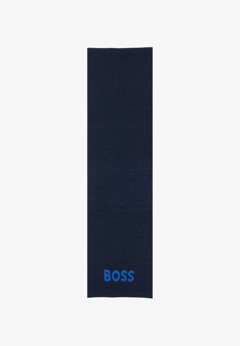 Calzini blu navy con una texture a coste, con il logo "BOSS" blu vicino al fondo. Design classico adatto per abbigliamento casual o formale.