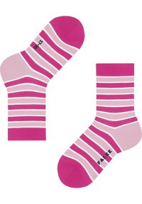 Rosa und hellrosa gestreifte Socken mit einer einfarbigen pinken Ferse und Bündchen. Auf der Seite befindet sich das Markenlogo "FALKE" in Schwarz.