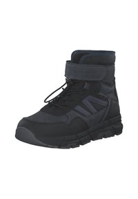 Botte montante noire avec col rembourré, sangle Velcro et semelle texturée. Comprend des matériaux mixtes, notamment des accents en synthétique et en maille.