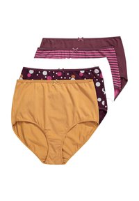 Ein Set aus vier Paar hochgeschnittenen Slips: ein Senfgelb, ein dunkelpurpur mit Polka-Dots, ein weiß mit Streifen und ein weiteres dunkelpurpur. Jedes hat eine kleine Schleifenakzent.