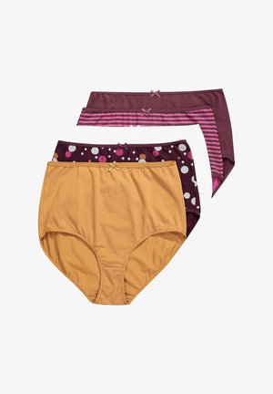 Pakke med fire par højtaljede trusser: en sennepsfarvet, en mørkelilla med prikker, en hvid med striber og endnu en mørkelilla. Hver med en lille sløjfe-detalje.