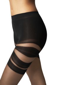 Sorte ugennemsigtige strømpebukser med horisontale gennemsigtige striber. Har en glat talje og et sømløst design. Materialet ser strækbart og tætsiddende ud.
