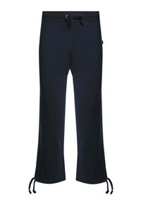 Pantaloni jogger blu navy realizzati in tessuto morbido, con vita regolabile con cordino e legature regolabili nei polsini. Design a gamba dritta.