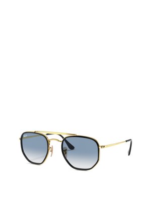 Occhiali da sole aviator con montatura in metallo dorato e dettagli neri, lenti blu sfumate e sottili cuscinetti per il naso per il massimo comfort.