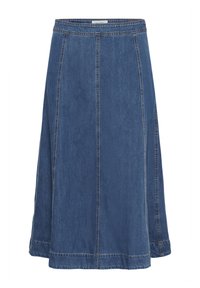 Denim A-lijn rok met een middellange snit, blauwe kleur, zichtbare naaddetails en een gladde textuur. Heeft een tailleband zonder metalen sluitingen.