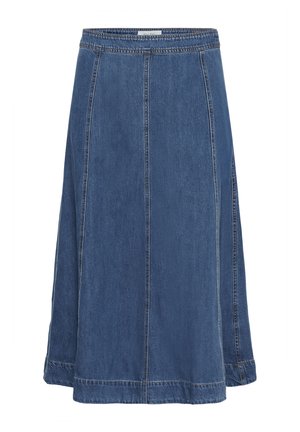 Denim A-line seelik keskmise pikkusega, sinine värv, nähtavad õmbluse detailid ja sile tekstuur. Omab vööosas ilma riistvara.