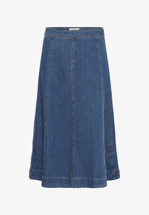 Denim A-lijn rok met een middellange snit, blauwe kleur, zichtbare naaddetails en een gladde textuur. Heeft een tailleband zonder metalen sluitingen.