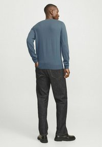 Blauer Strickpullover mit langen Ärmeln, gerippten Bündchen und Saum, kombiniert mit dunklen Jeans und schwarzen Schuhen, von hinten betrachtet.