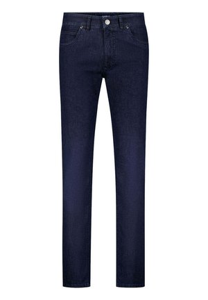 Dunkelblaue Slim-Fit-Denimjeans mit Fronttaschen, Gürtelschlaufen und Knopfverschluss auf weißem Hintergrund.