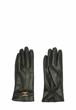 Un par de guantes de cuero negros con un pequeño detalle de hebilla dorada en la muñeca, mostrados por el lado de la palma y la parte trasera sobre un fondo blanco.