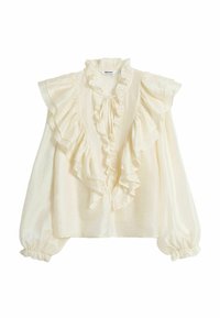 Krämfärgad blus med volangdetaljer längs framsidan och halsringningen. Puffärmar med elastiska manschetter, tillverkad av ett mjukt, texturerat tyg.