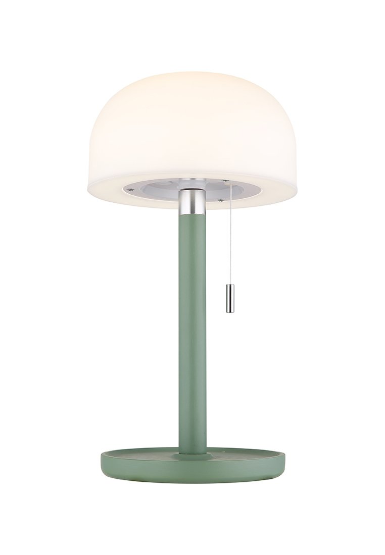 Lampada da tavolo con paralume in vetro bianco arrotondato, base in metallo verde e interruttore a corda argentato. Finitura liscia e design minimalista.