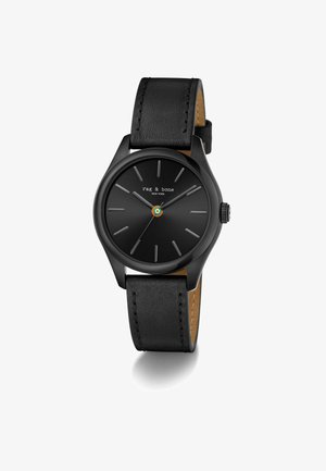 Ceas de mână analog negru cu curea din piele, cadran minimalist și sigla „rag & bone New York” pe față.