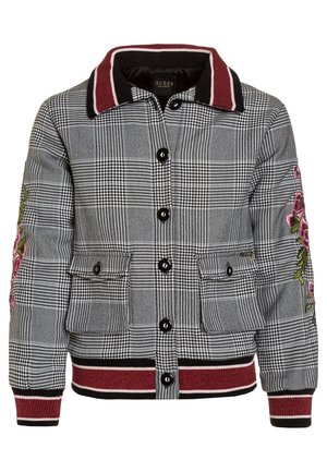 Giacca grigia a quadri con bottoni neri, colletto bordeaux, rose ricamate sulle maniche e polsini e orlo a coste.