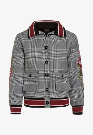 Veste à carreaux gris avec boutons noirs, col bordeaux, roses brodées sur les manches, et poignets et ourlet côtelés.