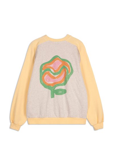 Light gray sweatshirt with yellow raglan sleeves. Features a large, abstract floral design in pink, orange, and green at the center.