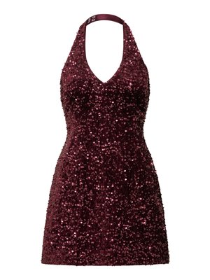 Vestido burgundy com alças, coberto de lantejoulas, apresentando um decote profundo em V e um silhouette curto e justo. Textura suave com realces reflexivos.