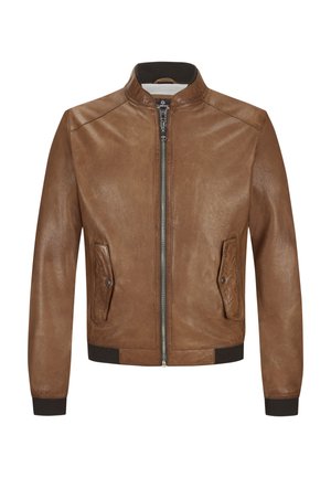 Braune Lederbomberjacke mit einem Reißverschluss vorne, gerippten Bündchen und zwei seitlichen Taschen. Glatte Textur mit einem schlichten, klassischen Design.