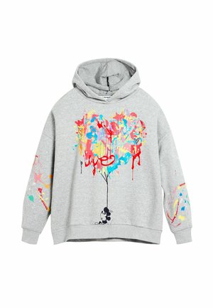 Szara bluza z kapturem z kolorowym sercem z rozprysku farby, czerwonym napisem "love" oraz małą czarno-białą postacią z kreskówki trzymającą łodygę serca.