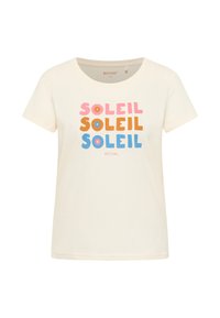 Krémové tričko s krátkým rukávem a kulatým výstřihem, s mnohobarevným nápisem "SOLEIL" v růžové, oranžové a modré barvě, doplněné květinovými akcenty.