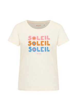 Krémové tričko s krátkým rukávem a kulatým výstřihem, s mnohobarevným nápisem "SOLEIL" v růžové, oranžové a modré barvě, doplněné květinovými akcenty.
