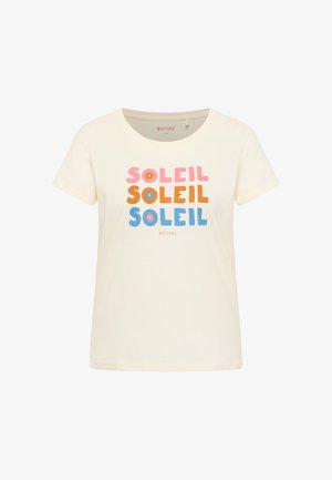 Kreem T-särk lühikeste varrukatega, ümmarguse kaelusega, millel on mitmevärviline "SOLEIL" tekst roosa, oranži ja sinise värviga ning lillemotiivid.