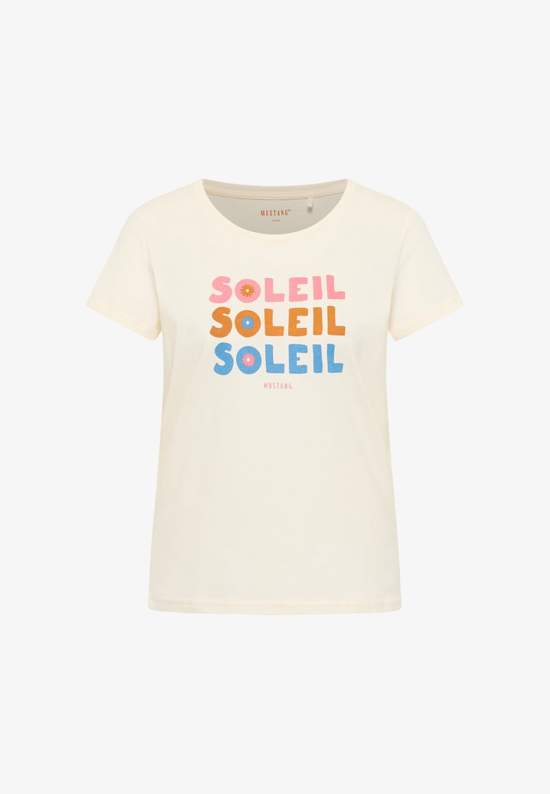 Camiseta crema de mangas cortas, cuello redondo, con el texto multicolor "SOLEIL" en rosa, naranja y azul, y acentos florales.