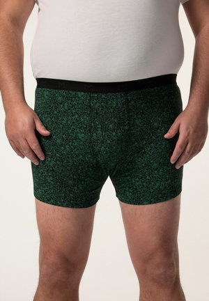 Boxers à motif floral vert avec une taille noire, offrant un ajustement serré et une texture douce, présentés sur un fond neutre.